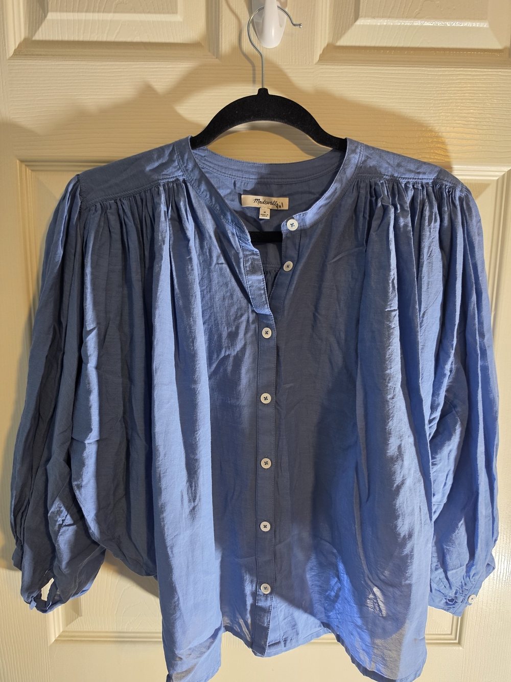 Madewell Shirred Blue Button-Front Blouse - Picture 7 of 7